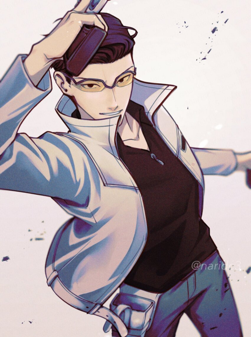 1boy arm_up black_hair black_shirt blue_pants cowboy_shot debris dual_wielding dutch_angle from_above gun handgun highres holding holding_gun holding_weapon holster jacket long_sleeves looking_at_viewer male_focus naridc3 pants parted_lips shirt short_hair smile solo sunglasses tinted_eyewear trigger_discipline twitter_username weapon white_background white_jacket world_trigger yellow-tinted_eyewear yuba_squad&#039;s_uniform yuba_takuma