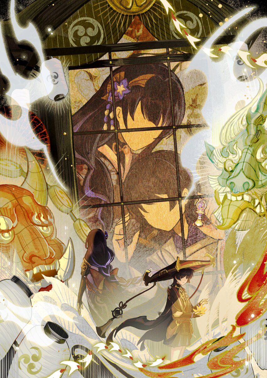 1boy 1girl absurdres aqua_mask arm_at_side armor back-to-back black_bodysuit black_bridal_gauntlets black_hair black_kimono black_shorts black_sleeves blunt_bangs bodysuit bridal_gauntlets chinese_commentary commentary_request electro_symbol_(genshin_impact) faceless faceless_female faceless_male fan_hair_ornament flower furisode genshin_impact gnosis_(genshin_impact) gold grey_trim hagoromo hair_flower hair_ornament hand_up hat highres holding holding_flower japanese_armor japanese_clothes jewelry jingasa juban kariginu kimono kote kurokote lantern long_hair low-braided_long_hair low-tied_long_hair mitsudomoe_(shape) momogourami mother_and_son multicolored_hair neck_ring obi open_hand paper_lantern purple_flower purple_hair purple_kimono purple_rope raiden_shogun red_hat red_kimono red_mask rope sash scaramouche_(genshin_impact) shawl shimenawa short_sleeves shorts single_sidelock single_sode streaked_hair string swept_bangs tassel tomoe_(symbol) turtleneck turtleneck_bodysuit white_kimono white_rope window wispy_bangs yellow_flower