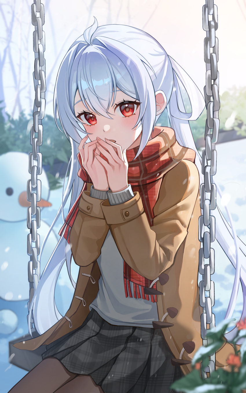 1girl absurdres black_pantyhose black_skirt blue_hair blush brown_jacket chain commentary cowboy_shot day double-parted_bangs hair_between_eyes hair_intakes hair_ribbon hands_up highres jacket long_hair long_sleeves open_clothes open_jacket open_mouth original outdoors pantyhose plaid_clothes plaid_scarf plaid_skirt pleated_skirt red_eyes red_scarf ribbon scarf school_uniform sidelocks sitting skirt solo sweater swing twintails uwon white_ribbon white_sweater winter