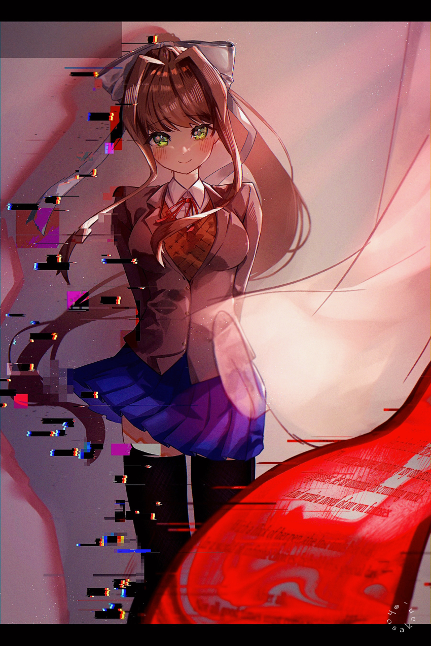 1girl 902xq absurdres arms_behind_back black_thighhighs blazer blue_skirt blush breasts brown_hair brown_jacket closed_mouth collared_shirt commentary curtains doki_doki_literature_club doki_doki_literature_club_school_uniform english_commentary glitch green_eyes hair_intakes hair_ribbon highres jacket letterboxed long_hair looking_at_viewer monika_(doki_doki_literature_club) neck_ribbon orange_sweater_vest ponytail red_ribbon ribbon school_uniform shadow shirt skirt smile solo standing sweater_vest thighhighs very_long_hair white_ribbon white_shirt