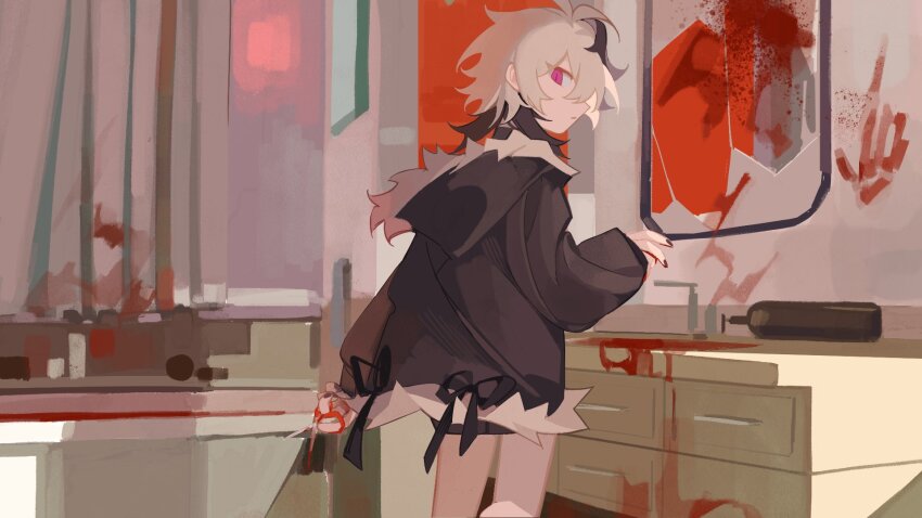 1girl antenna_hair black_hair black_nails black_ribbon blood blood_on_wall bottle closed_mouth coat counter eight-b expressionless flower_(gynoid_talk) flower_(vocaloid) from_behind from_side fur-trimmed_coat fur_trim gynoid_talk handprint highres holding holding_scissors indoors long_sleeves looking_back multicolored_hair pink_eyes ribbon scissors short_hair sink solo streaked_hair vocaloid white_hair