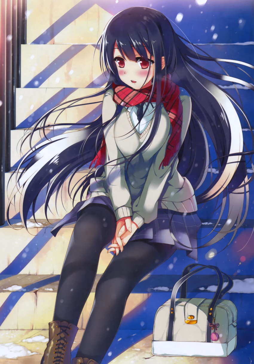 1girl absurdres bag black_hair blush breasts color_issue female_focus highres large_breasts long_hair medium_breasts open_mouth pantyhose red_eyes scarf school_bag school_uniform sitting solo sousouman winter