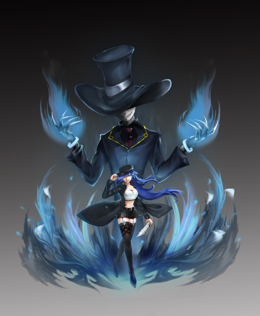 1girl 1other :d absurdres black_background black_coat black_hat black_skirt black_thighhighs blue_eyes blue_hair chain coat commentary crop_top garter_straps gradient_background grey_background grin hat he7_(he7hihi) highres holding holding_knife holding_weapon knife long_hair long_sleeves looking_at_viewer midriff miniskirt navel necktie open_clothes open_coat open_mouth original purple_necktie skirt smile standing stomach strapless thighhighs thighs top_hat tube_top very_long_hair weapon