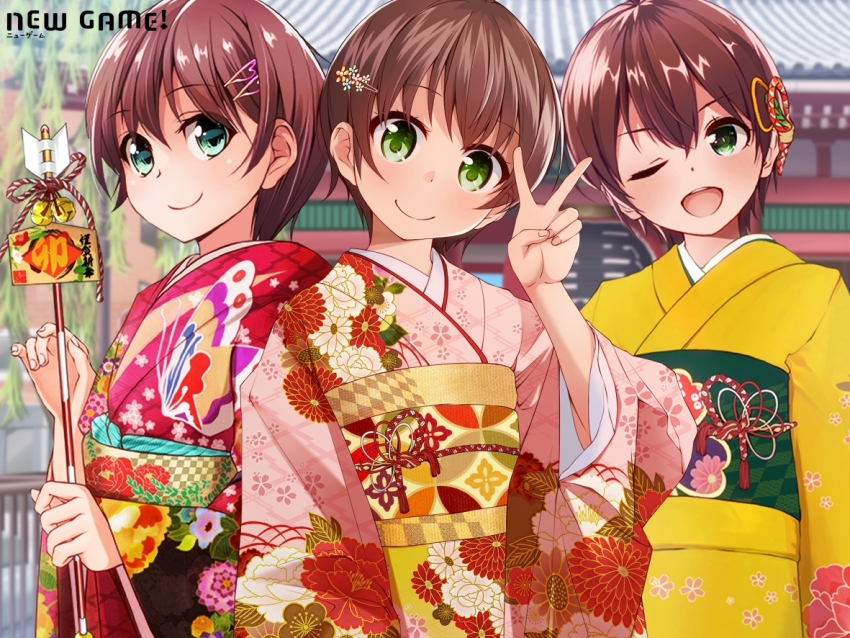 1girl 2025 chuutaro_metal copyright_name floral_print floral_print_kimono green_eyes hair_ornament hairpin japanese_clothes kimono looking_at_viewer multiple_views new_game! pink_kimono print_kimono sash shinoda_hajime short_hair smile upper_body v wide_sleeves yellow_kimono