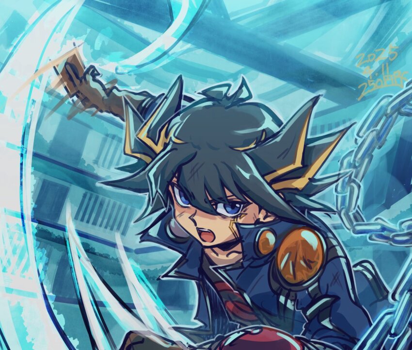 1boy 250en_remon black_hair blonde_hair card chain dated duel_disk facial_mark fudo_yusei holding holding_card male_focus multicolored_hair prison solo spiked_hair trading_card two-tone_hair yu-gi-oh! yu-gi-oh!_5d&#039;s