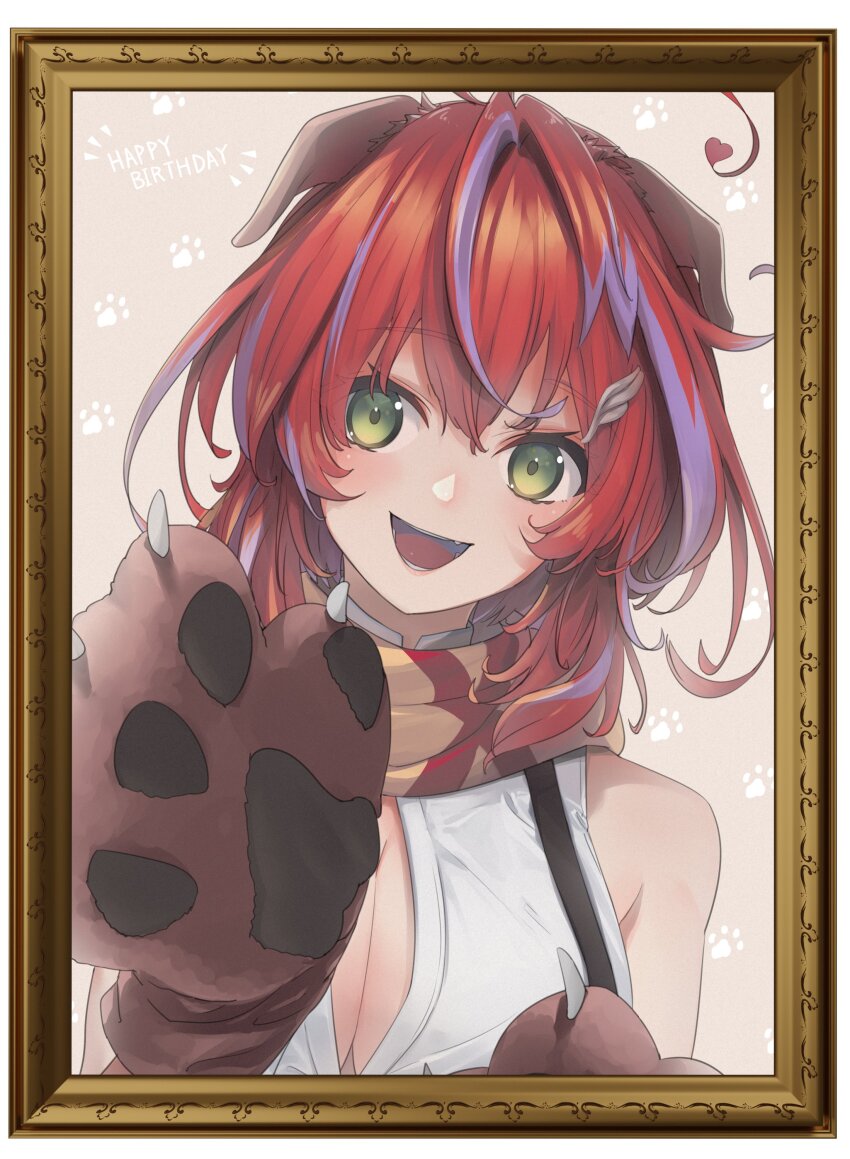1girl absurdres akane_canna akane_canna_(1st_costume) animal_ears animal_hands atsushima blush breasts brown_background brown_scarf button_gap cleavage commentary_request dog_ears gloves green_eyes hair_ornament happy_birthday highres hiyoku_no_crosspiece large_breasts looking_at_viewer messy_hair multicolored_hair nanashi_inc. open_mouth paw_gloves paw_print paw_print_background picture_frame purple_hair red_hair scarf shirt short_hair sleeveless sleeveless_shirt smile solo streaked_hair suspenders two-tone_hair upper_body virtual_youtuber white_shirt wing_hair_ornament