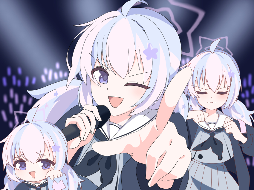 1girl :3 :d ;d absurdres ahoge black_neckerchief blue_archive blue_hair blush buttons clenched_hands closed_eyes commentary cowboy_shot cran_berrie dancing double-breasted english_commentary facing_viewer furrowed_brow glowstick grey_serafuku grey_shirt grey_skirt hair_between_eyes hair_ornament halo hands_up highres holding holding_microphone index_finger_raised long_hair looking_at_viewer low_twintails meme microphone multicolored_hair multiple_views neckerchief one_eye_closed open_mouth oshi_no_ko parody pink_hair pink_halo pleated_skirt pointing pointing_at_viewer purple_eyes reisa_(blue_archive) sailor_collar school_uniform serafuku shikairo_days_dance_(meme) shikanoko_nokonoko_koshitantan shirt skirt smile smug star_(symbol) star_hair_ornament star_halo streaked_hair tareme twintails two-tone_hair upper_body v-shaped_eyebrows white_sailor_collar