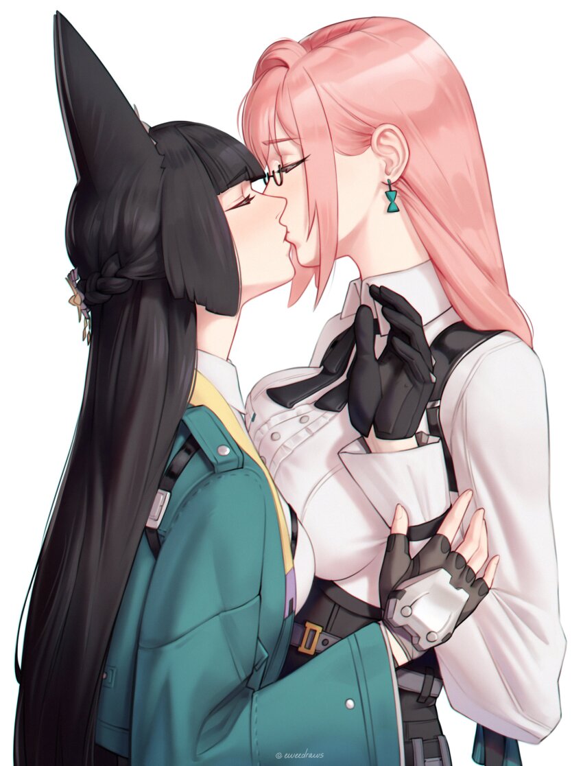 2girls absurdres animal_ears artist_name black_gloves black_hair chromatic_aberration closed_eyes dress earrings eweedraws fingerless_gloves fox_ears fox_girl glasses gloves green_jacket hair_between_eyes highres hoshimi_miyabi jacket jewelry kiss long_hair multiple_girls pink_hair shirt sidelocks simple_background tsukishiro_yanagi upper_body white_background white_dress white_shirt yuri zenless_zone_zero