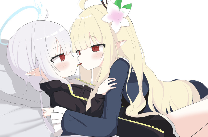 2girls absurdres blonde_hair blue_halo character_request check_character check_copyright copyright_request food food_in_mouth halo highres incoming_kiss incoming_pocky_kiss long_hair multiple_girls pocky pocky_in_mouth pocky_kiss pointy_ears red_eyes shared_food simple_background user_yths2234 white_hair yuri
