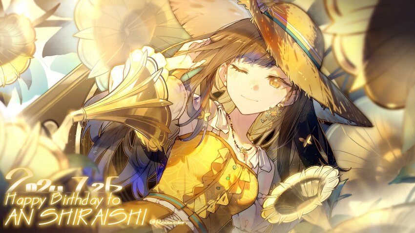 1girl absurdres alternate_costume bare_shoulders blurry blurry_foreground breasts brown_hair character_name closed_mouth dated depth_of_field detached_sleeves dress earrings happy_birthday hat highres jewelry jingzhaowhale long_hair looking_at_viewer necklace official_alternate_costume one_eye_closed project_sekai shiraishi_an smile solo straw_hat upper_body yellow_dress