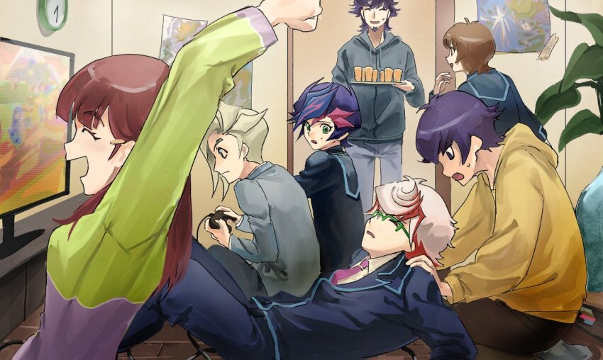 2girls 5boys alternate_universe arms_up black_jacket black_pants blonde_hair blue_hair brown_eyes brown_hair brown_pants cheering closed_eyes colored_bangs controller dress_shirt facial_hair facing_another facing_to_the_side facing_viewer flat_screen_tv fujiki_yusaku game_controller goatee green-framed_eyewear green_eyes green_sweater grey_hoodie grey_jacket grey_pants hand_up hands_on_ground happy holding holding_tray homura_takeru hood hoodie indoors jacket juice kusanagi_jin kusanagi_shouichi leaning_back looking_ahead looking_at_another lying multiple_boys multiple_girls necktie novale110 on_back on_ground open_mouth orange_juice outstretched_arms over-rim_eyewear pants plant playing_games poster_(object) potted_plant purple_eyes purple_hair purple_sweater red_necktie school_uniform semi-rimless_eyewear shirt spectre_(yu-gi-oh!) spiked_hair sugisaki_miyu sweatdrop sweater swept_bangs television tray two-tone_sweater video_game white_hair white_shirt yellow_hoodie yu-gi-oh! yu-gi-oh!_vrains zaizen_aoi