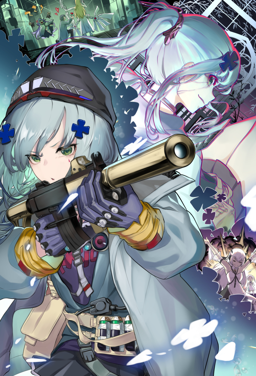 1boy 6+girls absurdres ammunition angelus_(neural_cloud) anti-materiel_cartridge assault_rifle beanie blue_hair clukay_(neural_cloud) corruption dual_persona eniac_(neural_cloud) explosion explosive girls&#039;_frontline girls&#039;_frontline_neural_cloud gloves green_eyes grenade grenade_cartridge gun h&amp;k_hk416 hair_ornament hat highres hk416_(girls&#039;_frontline) holding holding_gun holding_weapon jacket long_hair multiple_girls neumann_(neural_cloud) odette_(neural_cloud) odile_(neural_cloud) ponytail purple_gloves rifle suppressor teardrop_facial_mark weapon white_jacket whoseit