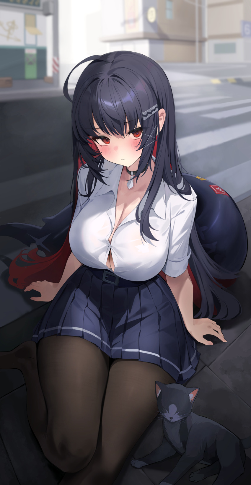 1girl absurdres ahr_tato alternate_hair_length alternate_hairstyle belt black_belt black_cat black_choker black_hair black_skirt blush breasts button_gap cat choker colored_inner_hair ellen_joe ellen_joe_(on_campus) fins fish_tail highres large_breasts long_hair multicolored_hair official_alternate_costume outdoors pantyhose pleated_skirt red_eyes red_hair road scar scar_on_tail shark_girl shark_tail shirt sitting skirt solo street tail white_shirt zenless_zone_zero