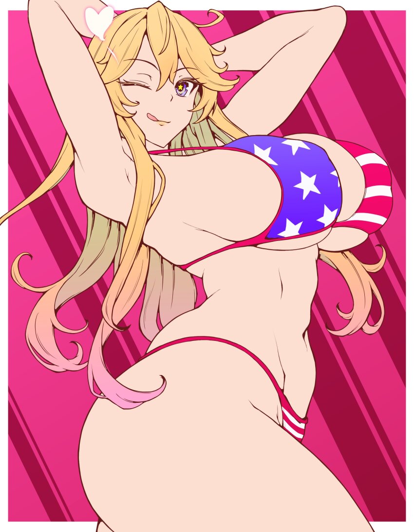 1girl absurdres american_flag american_flag_bikini american_flag_print armpits arms_behind_head bikini blonde_hair blue_eyes breasts cleavage cowboy_shot flag_print flag_print_bikini gel_(guyver123) highres iowa_(kancolle) kantai_collection large_breasts long_hair navel one_eye_closed pink_background print_bikini solo star-shaped_pupils star_(symbol) striped_background swimsuit symbol-shaped_pupils