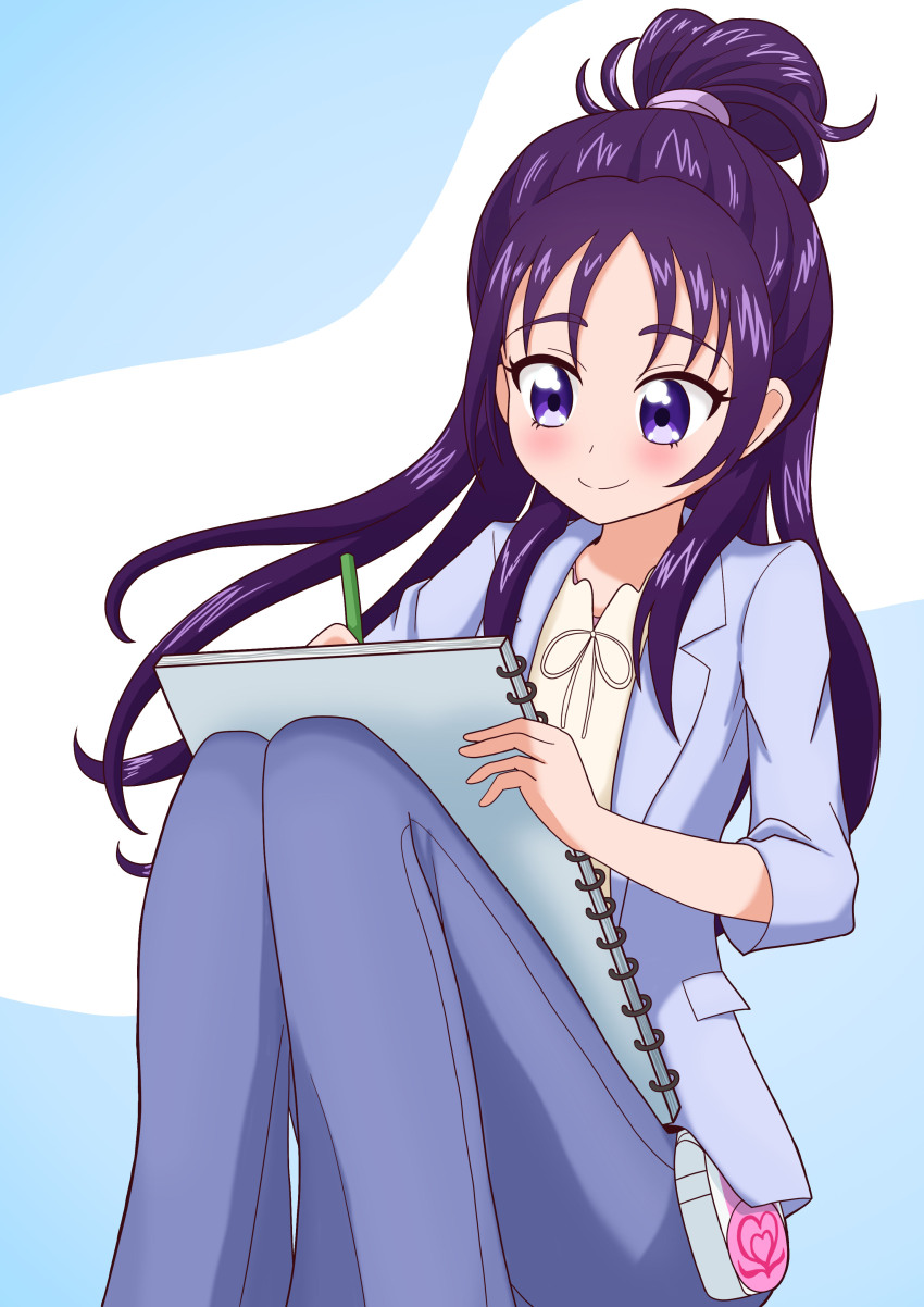 1girl absurdres blue_background blue_jacket blue_pants blush closed_mouth commentary cross-laced_clothes cross-laced_top denim dot_nose drawing_(action) feet_out_of_frame futari_wa_precure_splash_star half_updo highres holding holding_pencil holding_sketchbook jacket jeans legs_folded long_hair looking_down mishou_mai object_on_lap open_clothes open_jacket pants pencil pouch precure purple_eyes purple_hair sentyouoekaki shirt sitting sketchbook three-quarter_sleeves smile solo two-tone_background wavy_background white_background white_shirt