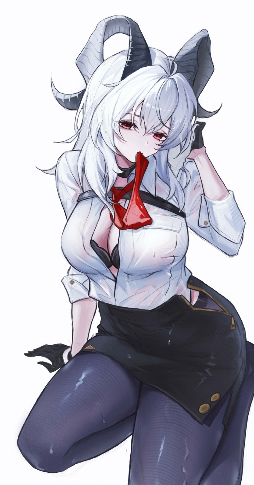 1girl adapted_costume black_bra black_gloves black_horns black_pantyhose black_skirt bra breasts chest_harness cleavage curled_horns gloves grey_hair hair_between_eyes hand_up harness highres horns large_breasts long_hair looking_at_viewer manche5ter missing_commentary mouth_hold necktie open_clothes open_shirt pantyhose partially_unzipped red_eyes red_necktie shirt simple_background skirt solo underwear white_background white_shirt wuthering_waves zani_(wuthering_waves)