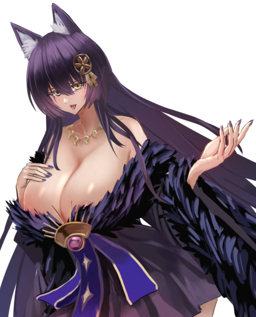 1girl animal_ear_fluff animal_ears areola_slip azur_lane bare_shoulders black_kimono breasts cleavage collarbone facial_mark fox_ears fox_girl fur_trim gem hand_on_own_chest highres huge_breasts japanese_clothes jewelry kimono kitsune leaning_forward lom_(lom_lom_8) long_hair long_sleeves magatama magatama_necklace musashi_(azur_lane) nail_polish necklace open_mouth purple_gemstone purple_hair simple_background solo tongue tongue_out very_long_hair whisker_markings white_background wide_sleeves yellow_eyes