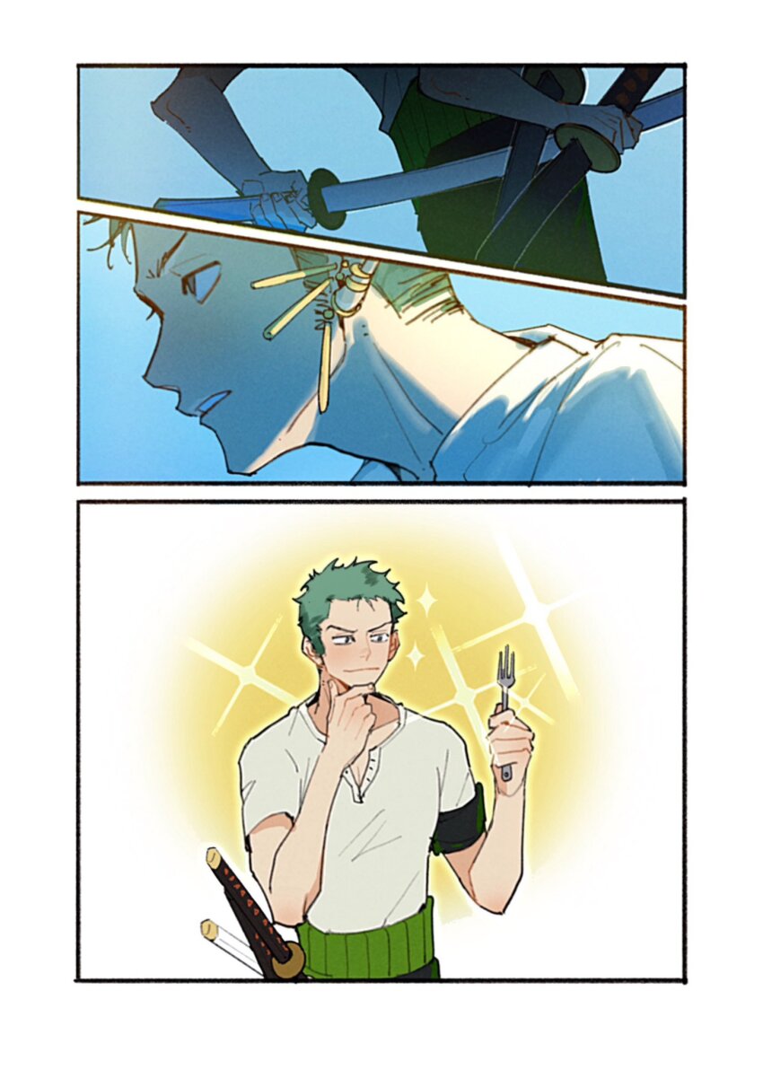 1boy bandana bandana_around_arm black_bandana closed_mouth commentary earrings english_commentary fork gold_earrings green_hair haramaki highres holding holding_fork holding_sword holding_weapon jewelry katana male_focus one_piece onecata11 parted_lips profile roronoa_zoro sheath sheathed shirt short_hair short_sleeves solo sparkle sword upper_body weapon white_shirt