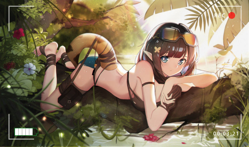 1girl arknights black_hair blue_eyes bra branch camera eunectes_(arknights) flower forest goggles goggles_on_head hair_ornament hanging_from_tree highres lake looking_at_viewer nature plant pointy_ears pouch recording short_hair shuming snake_tail solo tail thigh_pouch tree underwear