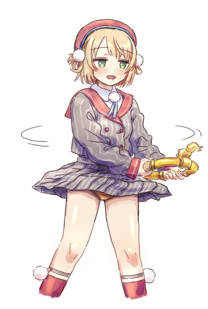1girl beret blonde_hair blush exercising fuwa_uneuchi green_eyes hair_ornament hat highres indie_virtual_youtuber jitome looking_to_the_side open_mouth panties pantyshot pom_pom_(clothes) pom_pom_hair_ornament red_sailor_collar ring-con ring_fit_adventure sailor_collar shigure_ui_(vtuber) shirt short_hair simple_background skirt solo underwear virtual_youtuber white_background wind wind_lift yellow_panties