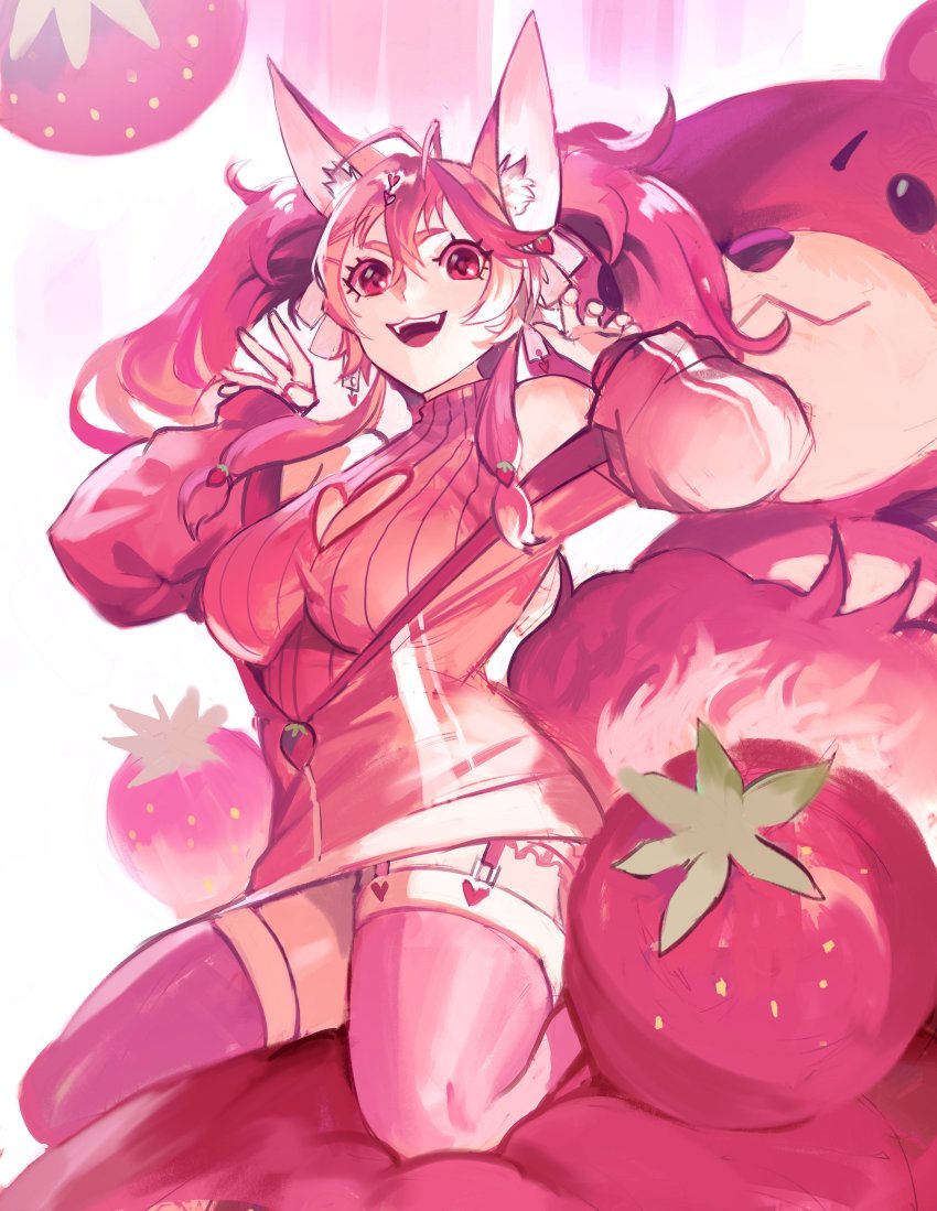 1girl absurdres ahoge animal_ears breasts fang fluffy food food-themed_hair_ornament fox_ears fox_girl fruit hair_between_eyes hair_ornament highres indie_virtual_youtuber kireina_(osiimi) kupikuuu large_breasts large_tail looking_at_viewer open_mouth pink_eyes pink_hair pink_thighhighs solo strawberry strawberry_hair_ornament stuffed_animal stuffed_toy tail teddy_bear thick_eyebrows thighhighs virtual_youtuber