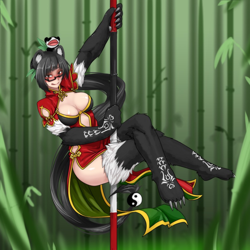 1girl :q animal_ears animal_hands bad_id bad_pixiv_id bamboo bamboo_forest black_hair blazblue blush breasts brown_eyes china_dress chinese_clothes claws crossed_legs crossover dancing dress female_focus forest fur fusion glasses gradient_background hair_ornament highres lao_jiu less licking_lips litchi_faye_ling long_hair looking_at_viewer medium_breasts monster_girl monster_girl_encyclopedia monster_girl_encyclopedia_ii nature panda_ears panda_girl panda_hair_ornament pole pole_dancing ponytail ren_xiongmao semi-rimless_eyewear side_slit solo striped_background stripper_pole tongue tongue_out very_long_hair yin_yang