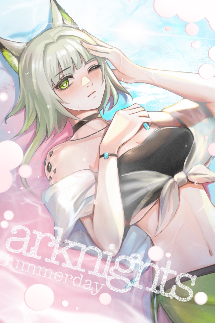 1girl animal_ears arknights bandeau bare_shoulders black_choker breasts cat_ears choker cleavage commentary_request copyright_name green_eyes green_hair green_skirt hairtail highres kal&#039;tsit_(arknights) looking_at_viewer material_growth medium_breasts midriff navel official_alternate_costume one_eye_closed oripathy_lesion_(arknights) short_hair skirt solo stomach strapless tube_top upper_body