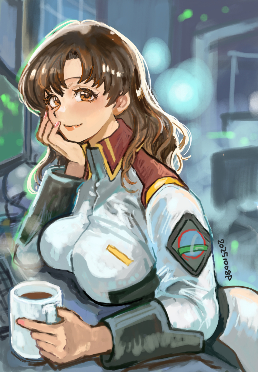 1girl blush breast_rest breasts breasts_on_table brown_eyes brown_hair coffee coffee_mug cup gundam gundam_seed gundam_seed_destiny hand_on_own_chin highres holding holding_cup large_breasts long_hair looking_at_viewer military military_uniform mug murrue_ramius okrdisk2000 smile solo