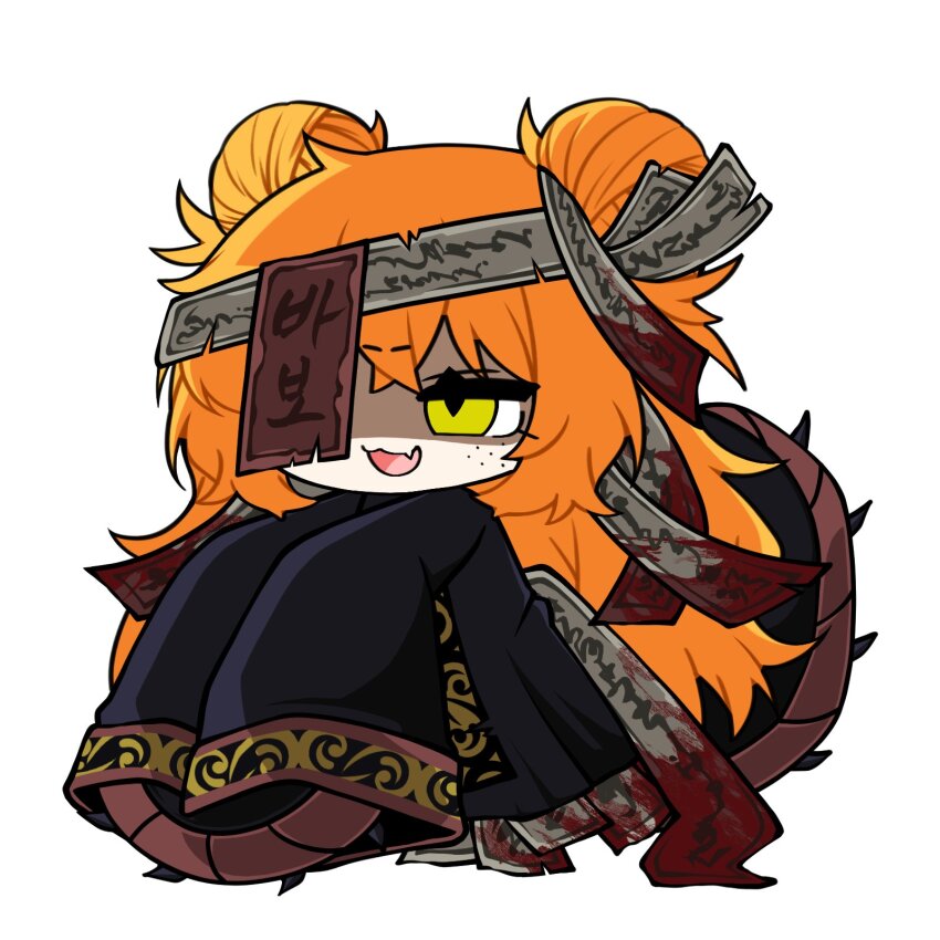 1girl arthropod_girl beads black_robe blood blood_on_clothes bug centipede centipede_girl chibi double_bun fang freckles full_body hair_bun highres hundred-footed_death_maggot_(e.g.o) ishmael_(project_moon) limbus_company long_hair looking_at_viewer matiyan923 one_eye_covered orange_hair prayer_beads project_moon robe simple_background skin_fang sleeves_past_fingers sleeves_past_wrists solo standing talisman white_background yellow_eyes