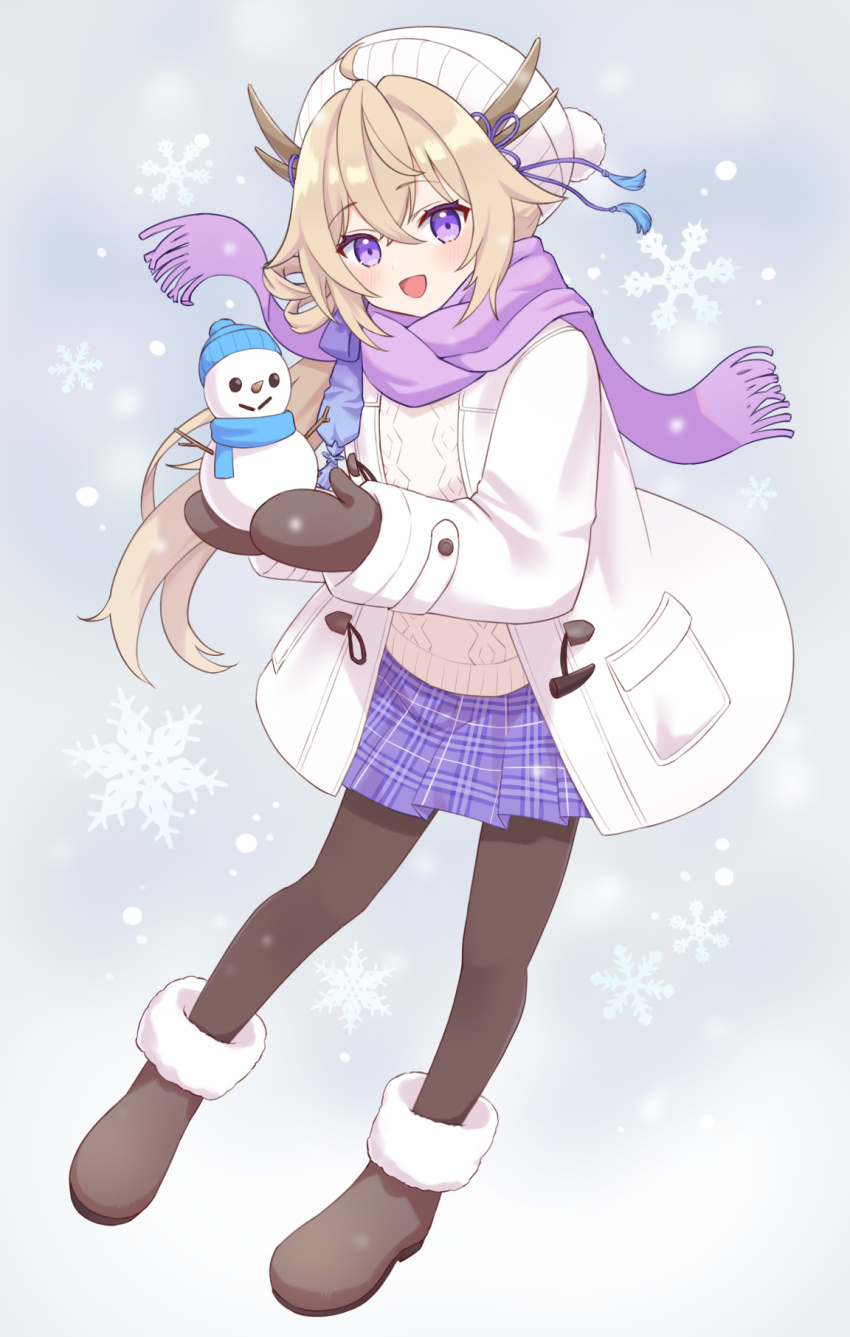 1girl blonde_hair boots brown_boots brown_mittens brown_pantyhose coat commentary_request commission duffel_coat full_body fur-trimmed_boots fur_trim furutori hair_flaps hair_ribbon hat highres holding_snowman horns knit_hat long_hair long_sleeves looking_at_viewer mittens open_clothes open_coat open_mouth original pantyhose plaid_clothes plaid_skirt pom_pom_(clothes) ponytail purple_eyes purple_ribbon purple_scarf purple_skirt ribbon scarf sidelocks skeb_commission skirt smile snowflakes snowman solo sweater very_long_hair white_coat white_hat white_sweater winter