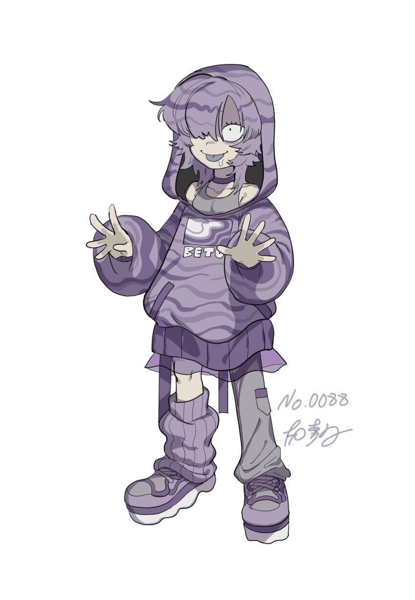 1girl asymmetrical_clothes character_name choker colored_tongue dancho_no_mori full_body gen_1_pokemon grey_pants grey_tank_top grimer hair_over_one_eye hands_up highres hood hood_up hoodie long_sleeves looking_at_viewer nintendo open_hands pants personification pokedex_number pokemon puffy_long_sleeves puffy_sleeves purple_choker purple_hair purple_hoodie purple_shoes purple_skirt purple_socks purple_tongue saliva see-through_clothes see-through_skirt shoes short_hair single_loose_sock single_pantsleg skirt smile socks solo standing tank_top tongue tongue_out white_background