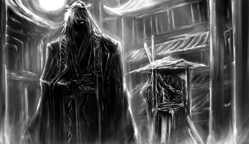 1boy 1other absurdres black_hair black_hanfu blue_eyes chain chinese_clothes faceless family_hierarch_candidate_(identity)_(project_moon) greyscale hair_ornament hand_on_own_stomach hands_on_own_hips hanfu hat hen_na high_ponytail highres hong_lu_(project_moon) limbus_company long_hair male_focus monochrome ponytail project_moon rope_belt spot_color straw_hat zilu_(project_moon)