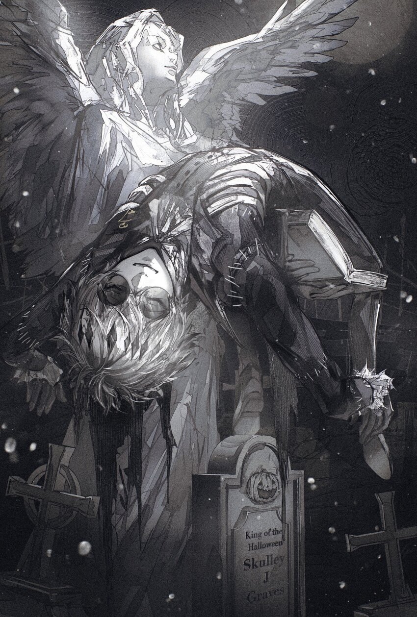 1boy angel_statue ascot black_background coat gloves graveyard greyscale highres ho9_999 lying male_focus monochrome on_back short_hair skully_j._graves solo statue sunglasses twisted_wonderland