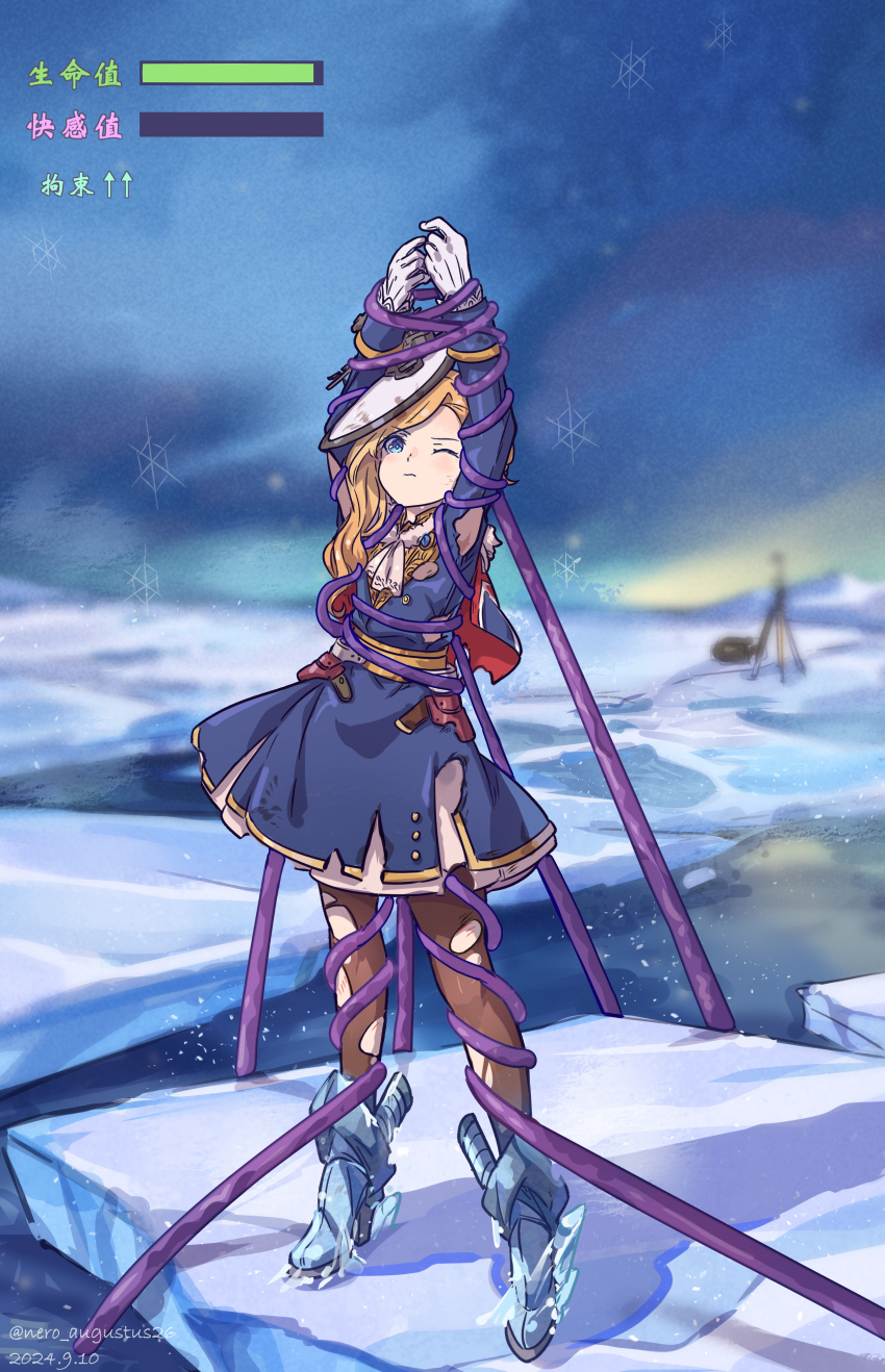 1girl absurdres aged_down arms_up azur_lane belt blonde_hair blue_capelet blue_dress blue_eyes brown_pantyhose capelet dress frozen gloves gold_trim highres hood_(azur_lane) ice_floe long_hair nero_augustus pantyhose solo tentacles tilted_headwear torn_clothes union_jack union_jack_print white_footwear white_gloves yellow_belt