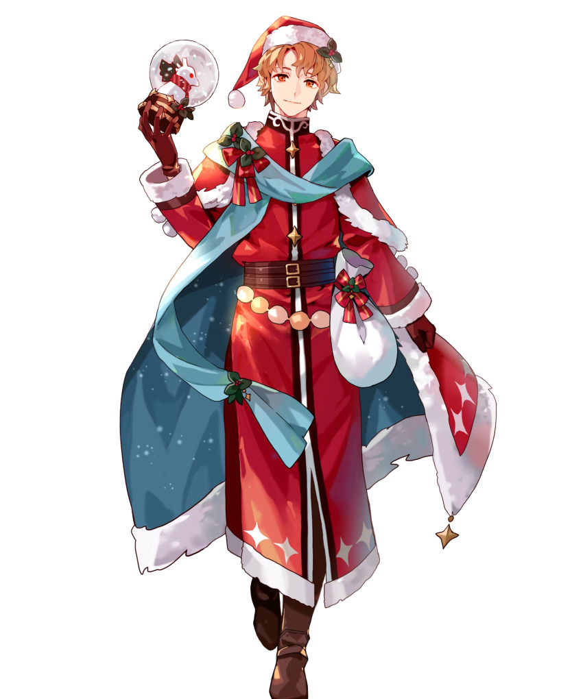 1boy artur_(fire_emblem) artur_(silver_saint)_(fire_emblem) boots brown_footwear brown_gloves cape christmas coat fire_emblem fire_emblem:_the_sacred_stones fire_emblem_heroes fur-trimmed_cape fur-trimmed_sleeves fur_trim gloves hat highres holding holding_snow_globe holding_toy leather leather_belt leather_boots leather_gloves nintendo official_alternate_costume official_art orange_hair red_coat red_eyes sack santa_hat short_hair snow_globe third-party_source tobi_(kotetsu) toy white_fur