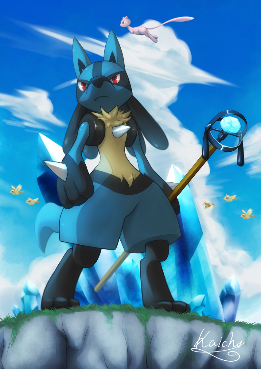 absurdres bird closed_mouth cloud commentary_request crystal day from_below gen_1_pokemon gen_4_pokemon highres holding holding_staff kaichi_(tomiyu25) legendary_pokemon lucario mew_(pokemon) mythical_pokemon nintendo outdoors pidgey pokemon pokemon_(creature) red_eyes signature sky staff
