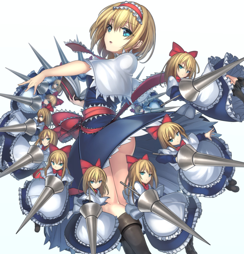 1girl :o alice_margatroid black_boots blonde_hair blue_dress blue_eyes book boots breasts capelet crossed_legs dress feet_out_of_frame frilled_hairband frilled_necktie frills from_behind gradient_background grey_background grimoire_of_alice hairband highres holding holding_book holding_polearm holding_weapon janne_cherry knee_boots lance lolita_hairband looking_at_viewer looking_back medium_breasts medium_dress necktie open_book parted_lips polearm red_hairband red_necktie sash shanghai_doll short_hair simple_background torso_twist touhou waist_sash weapon white_background white_capelet wind wind_lift