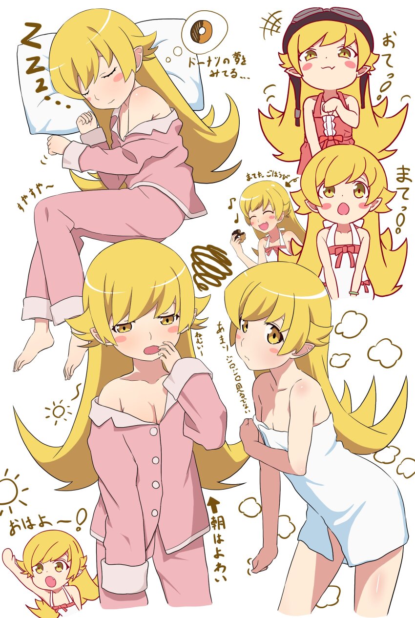 ! +++ ... 1girl :3 absurdres arm_up blonde_hair blush chibi closed_eyes closed_mouth cropped_legs donut dreaming dress eighth_note fang flat_chest food full_body hair_flaps head_on_pillow highres long_hair looking_ahead looking_at_viewer monogatari_(series) multiple_views musical_note naked_towel off_shoulder open_mouth oshino_shinobu pajamas pillow pink_pajamas pointy_ears puff_of_air shoulder_blush simple_background skin_fang sleeveless sleeveless_dress speech_bubble squiggle thought_bubble towel white_background white_dress yawning yellow_eyes yoshikirino zzz