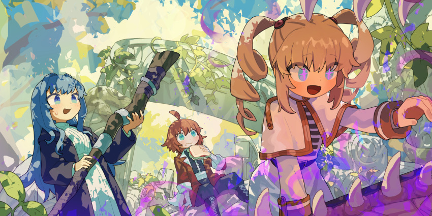 3girls ahoge bandaged_arm bandages belt black_belt black_footwear black_pants black_robe black_shirt blue_eyes blue_hair blush boots breasts brown_hair burger capelet closed_mouth cosplay dappled_sunlight dress drill_hair eating fern_(sousou_no_frieren) fern_(sousou_no_frieren)_(cosplay) food food_on_face frieren frieren_(cosplay) gold_trim green_eyes greentanuki hair_between_eyes holding holding_burger holding_food holding_staff jacket knee_boots leaning_forward long_hair long_sleeves looking_at_viewer mage_staff medium_breasts medium_hair mimic mimic_chest multiple_girls open_clothes open_jacket open_mouth original outdoors pants pink_pupils plant red_jacket ribbed_dress robe shirt sidelocks sitting sousou_no_frieren staff star-shaped_pupils star_(symbol) stark_(sousou_no_frieren) stark_(sousou_no_frieren)_(cosplay) sunlight sweatdrop symbol-shaped_pupils twin_drills white_capelet white_dress