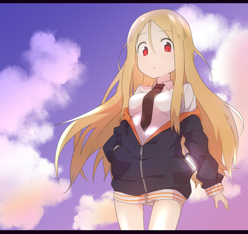 1girl absurdres blonde_hair blue_sky breasts bural_chingu cloud female_focus hair_between_eyes highres huge_filesize jacket lee_ji-min long_hair looking_at_viewer medium_breasts necktie red_eyes shirt sky solo standing wweed