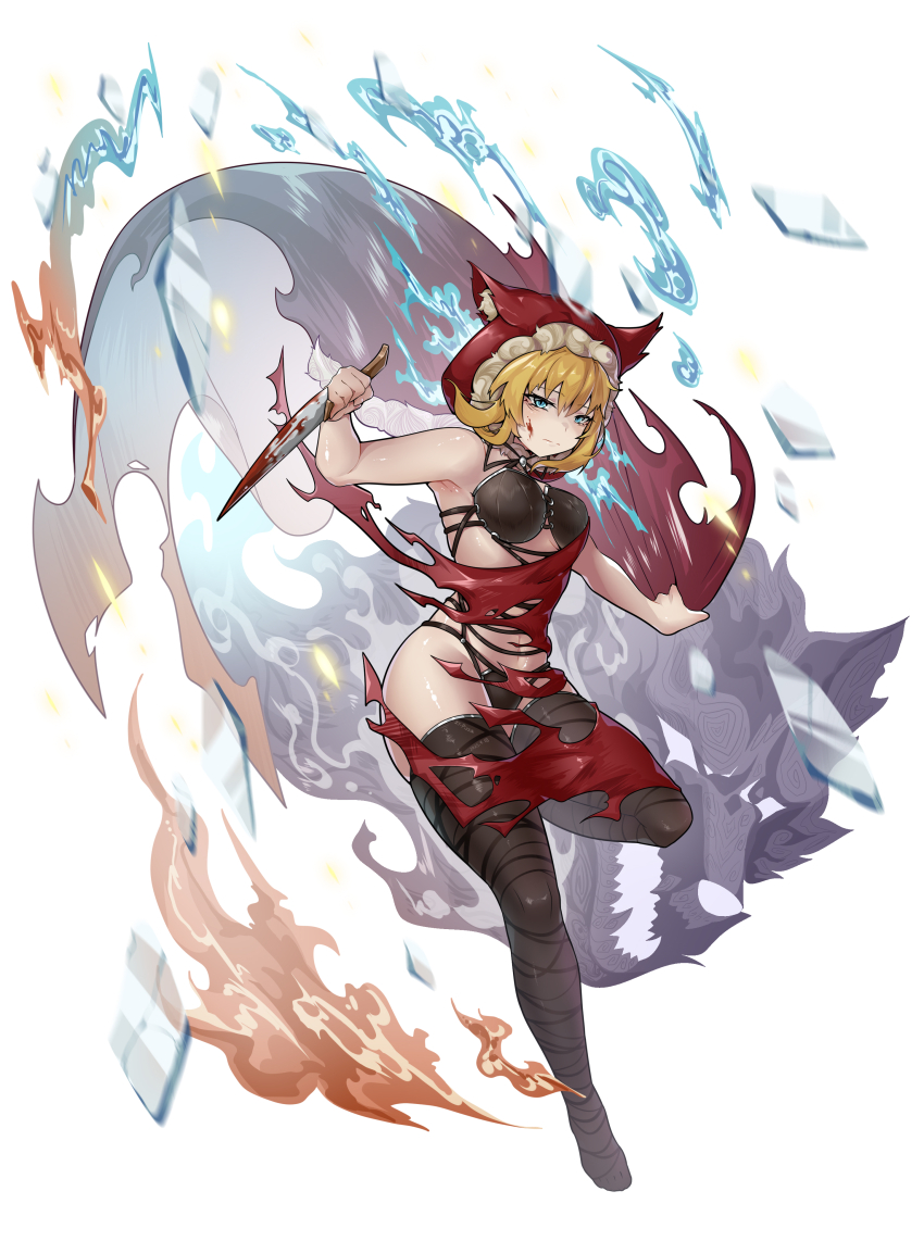 1girl absurdres animal_hood black_bra black_panties black_souls black_thighhighs blonde_hair blood bloody_knife blue_eyes bra cape closed_mouth fur-trimmed_hood fur_trim highres holding holding_knife hood hood_up knife panties red_cape red_hood_(black_souls) short_hair solo thighhighs torn_clothes underwear underwear_only wide_shot zhuang_yu_pizza