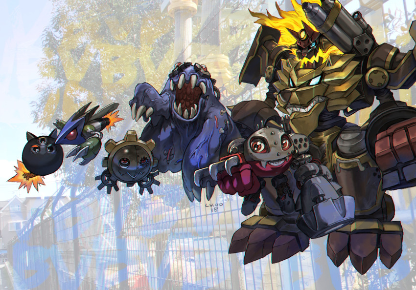 android armor artist_request bommon claws digimon digimon_(creature) evolution evolutionary_line full_armor hagurumon heavyleomon highres looking_at_viewer machine metalmamemon missimon raremon sharp_teeth teeth