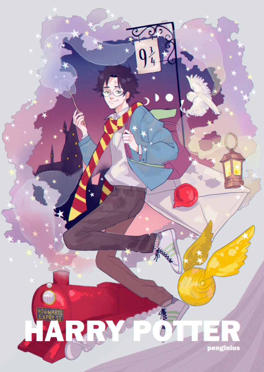 1boy artist_name bird black_hair black_pants blue_jacket closed_mouth commentary_request copyright_name full_body glasses green_eyes harry_potter harry_potter_(series) hedwig highres holding holding_wand jacket letter looking_at_viewer male_focus night night_sky owl pants penginius scar scar_on_face scarf shirt shoes sky smile sneakers star_(symbol) train wand white_shirt wizarding_world