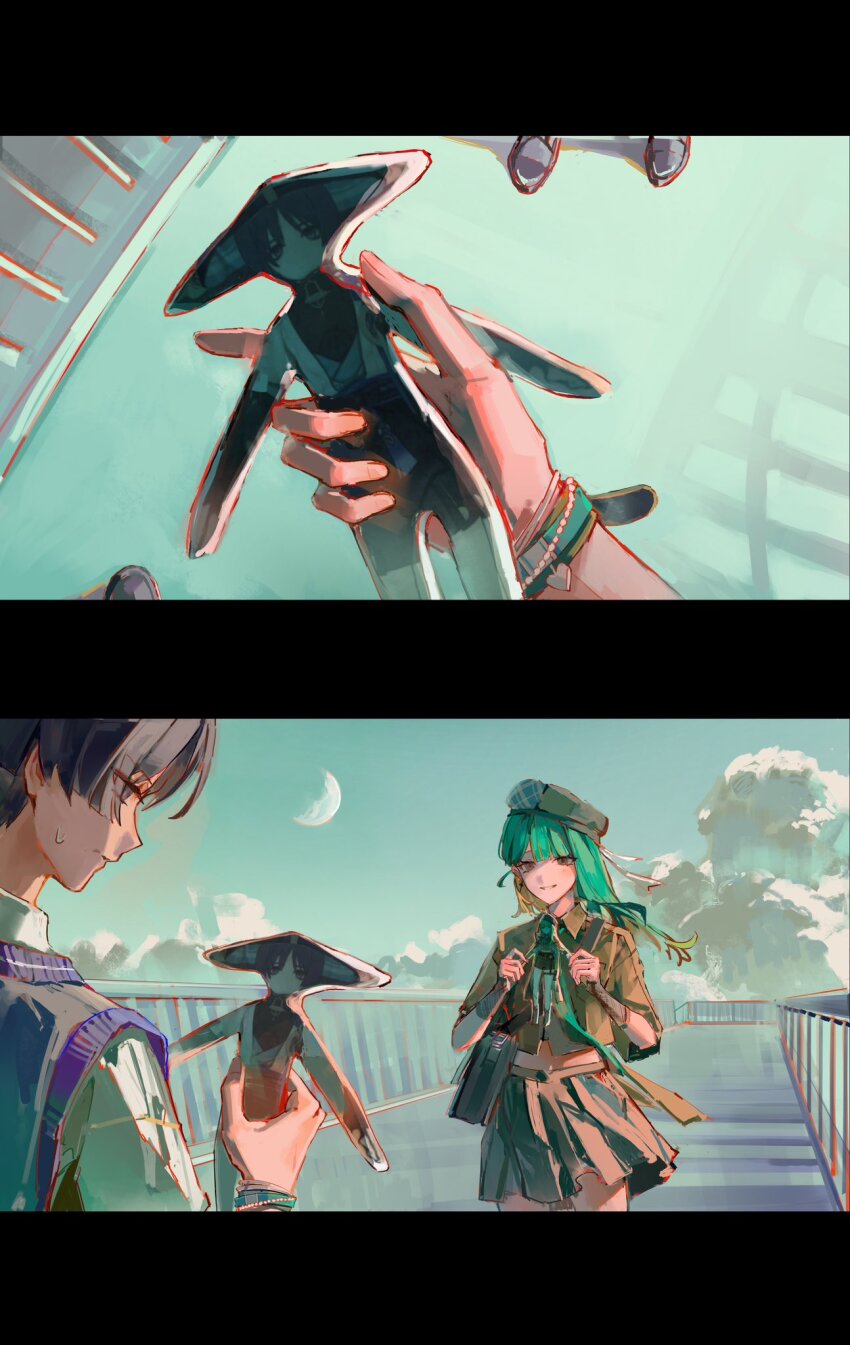 1boy 1girl alternate_costume bag beret black_eyes black_hair black_hat black_skirt blunt_bangs blunt_ends blush bridge brown_jacket brown_sleeves casual character_cutout character_doll closed_mouth cloud cloudy_sky collared_jacket contemporary cropped_jacket eyelashes genshin_impact green_eyes green_hair green_sky half_moon hands_up hat highres holding jacket lic_617 long_hair looking_at_another looking_at_object midriff_peek moon official_alternate_costume original outdoors paper_cutout pedestrian_bridge pleated_skirt purple_sweater_vest railing scaramouche_(genshin_impact) shirt short_sleeves shoulder_bag skirt sky smile sweatdrop sweater_vest tsurime wanderer_(genshin_impact) wanderer_(mega_mgc_coffee)_(genshin_impact) white_mouth white_shirt white_sleeves