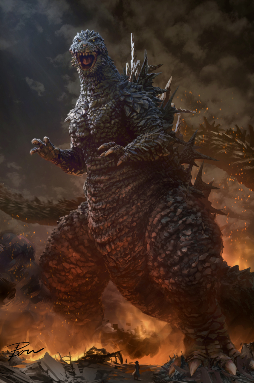 1girl absurdres black_sclera claws cloud cloudy_sky colored_sclera commentary debris dinosaur dress embers epic fire giant giant_monster godzilla godzilla_(minus_one) godzilla_(series) godzilla_minus_one hanekura_bou highres kaiju looking_down monster night open_mouth roaring rubble ruins sea_monster sharp_teeth skirt sky smoke spikes spines standing tail teeth toho tongue very_long_tail war world_war_ii yellow_eyes