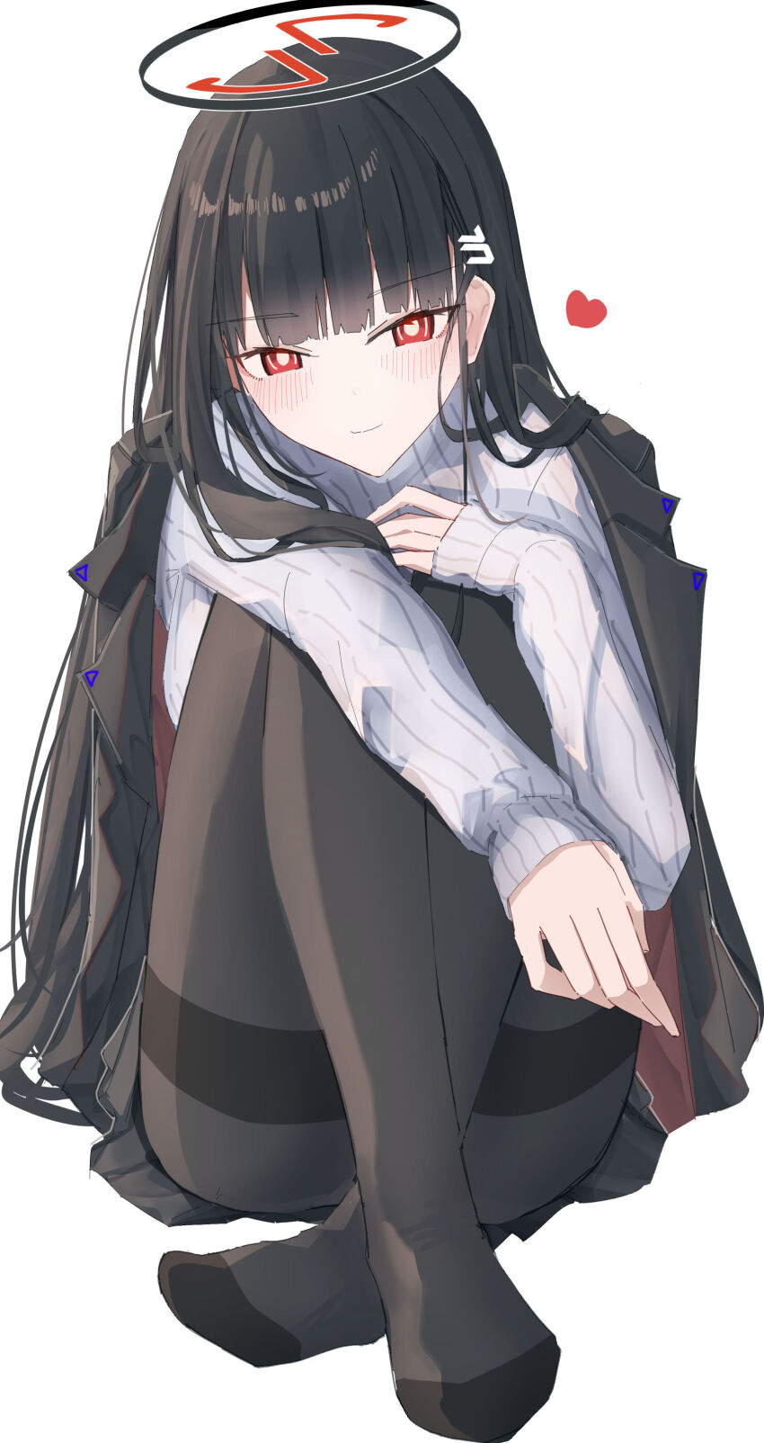 1girl absurdres black_hair black_pantyhose black_skirt blazer blue_archive blunt_bangs hair_ornament hairclip halo heart highres jacket jacket_on_shoulders leonardo_566 long_hair pantyhose pleated_skirt red_eyes ribbed_sweater ringed_eyes rio_(blue_archive) simple_background sitting skirt smile solo sweater thighband_pantyhose turtleneck turtleneck_sweater white_background white_sweater