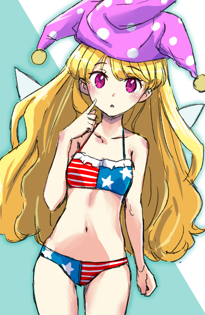 1girl :o absurdres american_flag_bikini american_flag_print bikini blonde_hair breasts clenched_hand clownpiece collarbone commentary_request cowboy_shot curious dot_nose fairy_wings finger_to_face flag_print hat highres jack_(wkm74959) jester_cap light_blush long_hair looking_at_viewer navel open_mouth polka_dot print_bikini purple_eyes purple_hat small_breasts solo standing swimsuit touhou two-tone_background wings