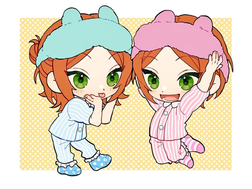 2boys :d :p aoi_hinata aoi_yuta buttons chibi ensemble_stars! green_eyes hair_bun half_updo hands_on_own_face highres jumping male_focus medium_hair multiple_boys open_mouth orange_hair pajamas parted_bangs polka_dot polka_dot_background polka_dot_socks short_hair siblings sleep_mask smile socks striped_clothes striped_socks tawa_(eraremmm) tongue tongue_out tsurime twins