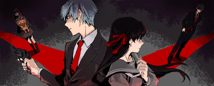 1boy 1girl back-to-back black_hair black_serafuku blunt_bangs formal_clothes grey_hair gun hair_ribbon handgun himeno_mikoto himuro_hitoshi holding holding_gun holding_stuffed_toy holding_weapon indesign kaii_shoukougun kaii_shoukougun_1 long_hair red_ribbon ribbon school_uniform serafuku stuffed_animal stuffed_toy suit teddy_bear weapon