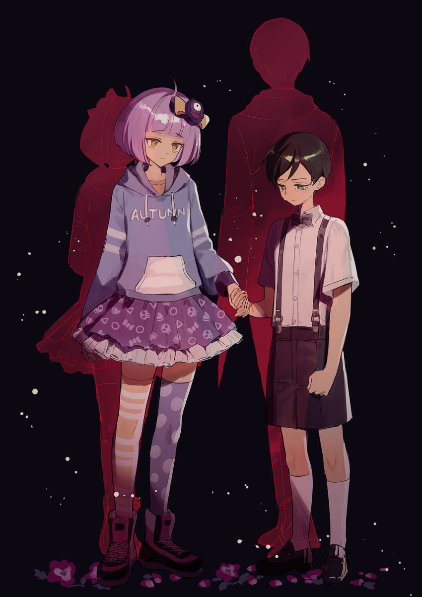 1boy 1girl aged_down ahoge asymmetrical_legwear black_background black_bow black_bowtie black_shoes black_shorts blue_hoodie bow bowtie cezaria commentary_request crying crying_with_eyes_open flower full_body hair_ornament height_difference highres holding holding_hands holding_knife hood hood_down hoodie kneehighs knife looking_down mismatched_legwear osoto_masaki polka_dot_thighhighs purple_flower purple_hair purple_petals purple_skirt purple_thighhighs shirt shoes shorts simple_background skirt smile socks standing striped_clothes striped_thighhighs suspender_shorts suspenders tasokare_hotel tears thighhighs tsukahara_neko white_shirt white_socks yellow_eyes yellow_thighhighs